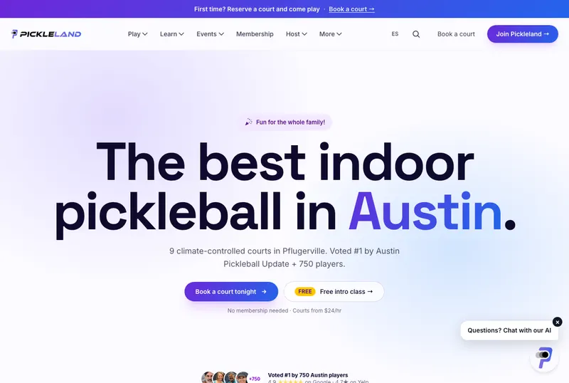 Pickleland homepage — indoor pickleball courts in Austin